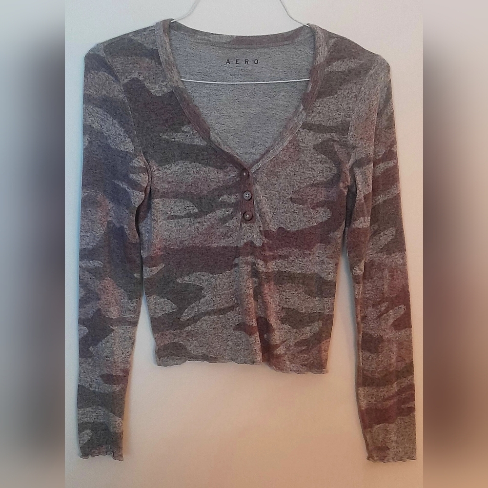 Aeropostale Camouflage Long Sleeve Button Top